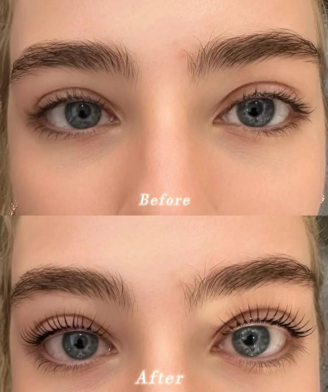 Korean Lashlift Göteborg – före och efter, blå ögon